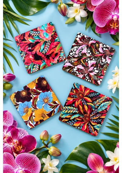 Tropical Orchid Egzotik Çiçek Desenli Temalı 4 Lü Bardak Altlığı Set 9 Cm, 3 Mm Ahşap Mdf, Dijital Baskı - 933746217 Diğer