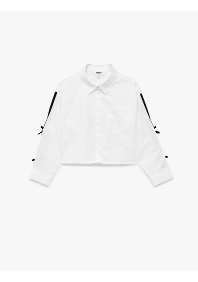 Koton Pamuklu Fiyonk Detaylı Uzun Kollu Klasik Yaka Poplin Crop Gömlek Ekru 7wkg60038aw