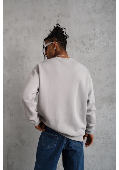 Barlashive Erkek Düz Bisiklet Yaka 3 İplik Sweatshirt - Boyalı Gri Çok Renkli