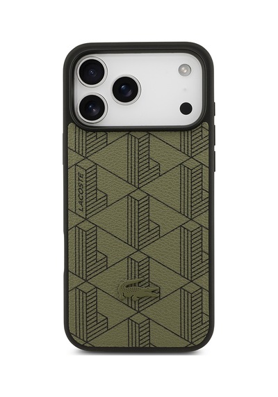Apple Uyumlu iPhone 17 Pro Max Kılıf Lacoste Lisanslı M-safeli Pu Deri Kartlıklı Karışık Monogram Desenli Yeşil Yeşil