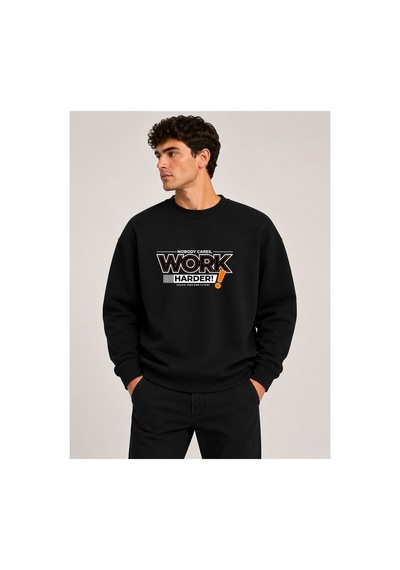 Herkesemoda Work Harder Baskı Detaylı Bisiklet Yaka Şardonlu 2 İplik Sweatshirt Siyah