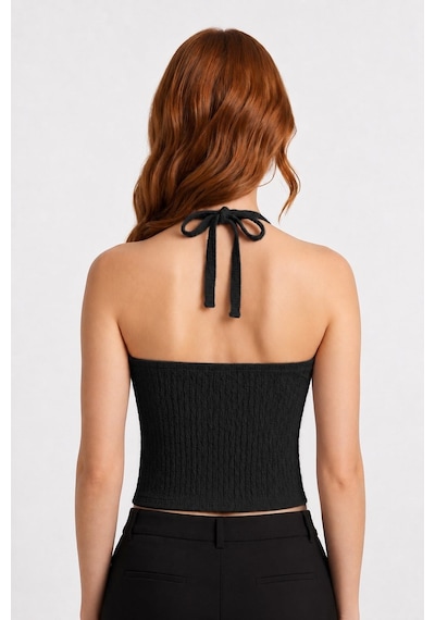 Cottonhıll Premium - Tide Collection Siyah Halter Yaka Boyundan Bağlamalı Bürümcük Dokulu Kadın Crop Bluz