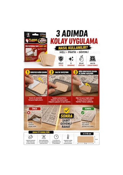 Halı Kaydırmaz Bant 8 Adet 4x10 Cm Çift Taraflı Güçlü Yapışkan Hazır Kesilmiş İz Bırakmayan Halı Sab