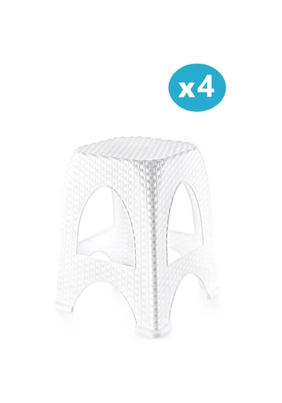 Omnipazar Sy-4666 Plastik Hasır Tabure Büyük Boy 4'lü Set Beyaz