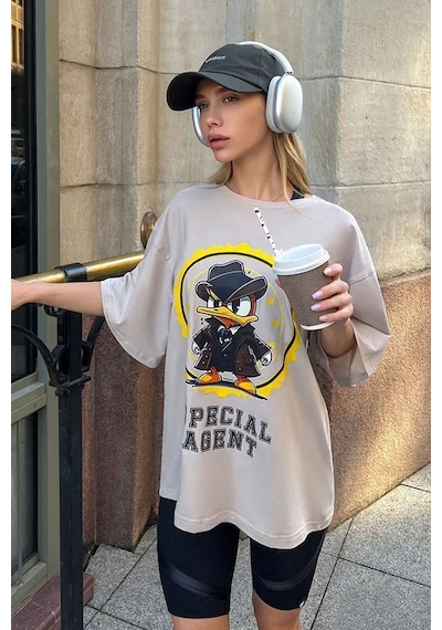 Uyguntarz Unisex Special Agent Baskılı Oversize Tshirt Bej