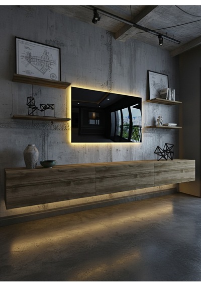Resital Duvara Monte Ledli 270 Cm Tv Ünitesi Duvar Raflı - Ll6036 Ceviz