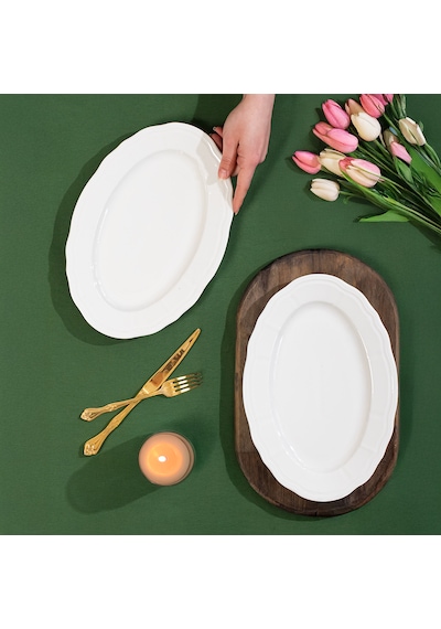 Porsima 4447 Tiffany Porselen Kayık Tabak Seti - Oval Kahvaltılık Sunumluk Seti 30cm Beyaz