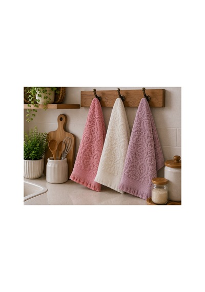 3'lü Jakarlı Püsküllü Mutfak Havlusu Seti 30x50 Cm %100 Pamuk - Rosewoodlace Çok Renkli