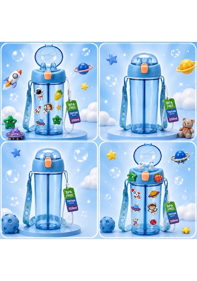 Heydiye Mâbeyn İkili Suluk 550 Ml Tritan Bpa-bps Free Matara, Çift Hazneli, Çift İçim Kapaklı, Bilek Ve Boyun Askılı, Sticker & 3d Figür Hediyeli Açık Mavi