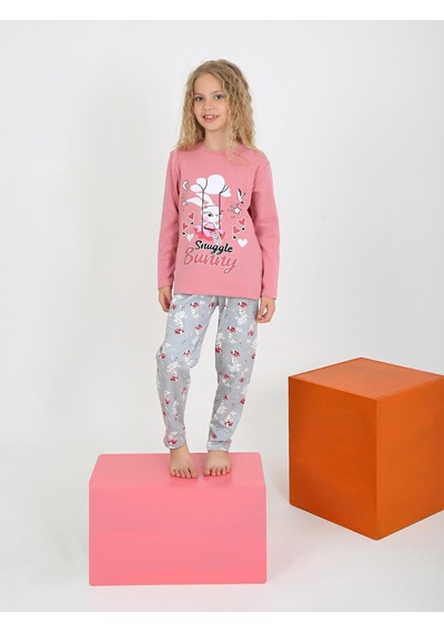 Kız Çocuk Uzun Kollu %100 Pamuklu Pijama Takımı Snuggle Bunny Gül