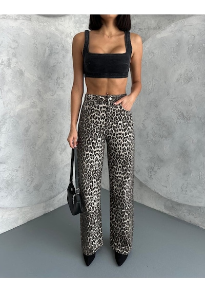 Zeo Basic Wide-leg Pantolon Leopar Desnli Bej Bej