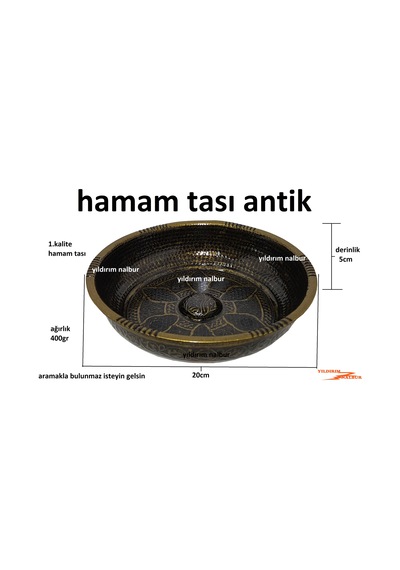 Hamam Tası Antik Bakır Renk 400Gr Motifli Osmanlı Tası