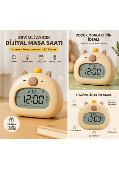 Cappybara Termometreli Çocuk Gece Lambası Masa Saati Açık Kahverengi