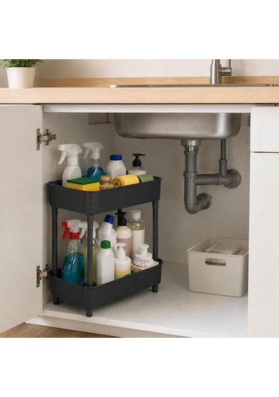 İki Katlı Raf Mutfak Banyo Düzenleyici, Tezgah Evye Lavabo Altı Üstü Organizer, 2 Kat Dolap İçi Depolama Antrasit