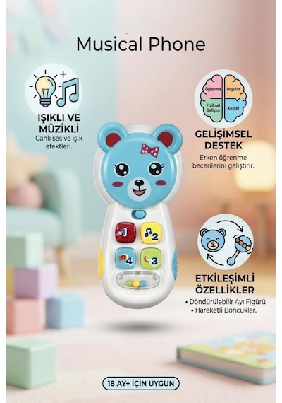 Tıfıl Toys Eğitici Aynalı Müzikli Telefon - Işıklı Sevimli Ayıcık Figürlü Bebek Gelişim Oyuncağı Mavi