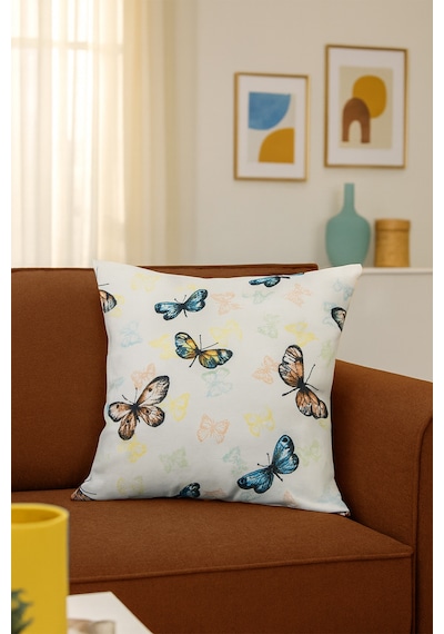 Duck Kelebekli Kırlent Kılıfı Bej Sarı V1 40x40 Bej