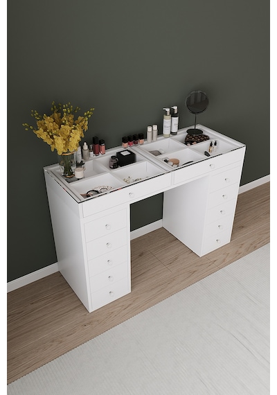 Df02116b Beyaz Geniş Organizer Bölmeli Çekmeceli Makyaj Masası 120 Cm Beyaz