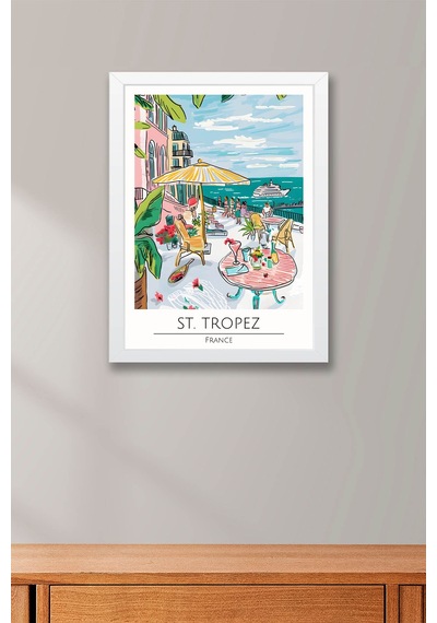 Fransa St. Tropez Temalı Çerçeveli Tablo Travel Serisi Modern İllüstrasyon Sahil Duvar Dekoru Beyaz