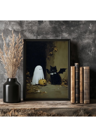 Sevimli Hayalet Ve Kara Kedi Gotik Duvar Sanatı Kabak Dostları Ürkütücü Gotik Sonbahar Duvar Sanatı Vintage Ürkütücü Baskı Karanlık Akademi Dekorasyonu
