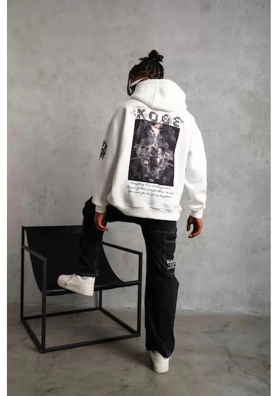 Barlashive Berkek 3 İplik Pamuklu Kapüşonlu Baskılı Cepli Oversize Sweatshirt Hoodie - Eyaz Çok Renkli