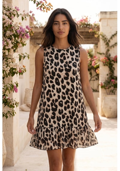 Soulshae Leopar Desenli Kolsuz Eteği Fırfırlı Mini Elbise