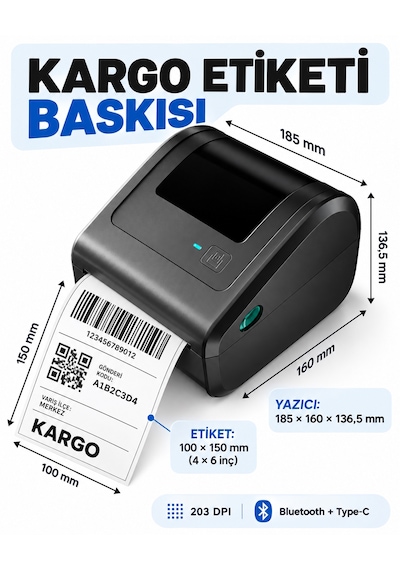 Aimo D450-bt Bluetooth Termal Etiket Yazıcı 203 Dpı 150 Mm/sn  Barkod Ve Qr Kod Usb Yazıcısı