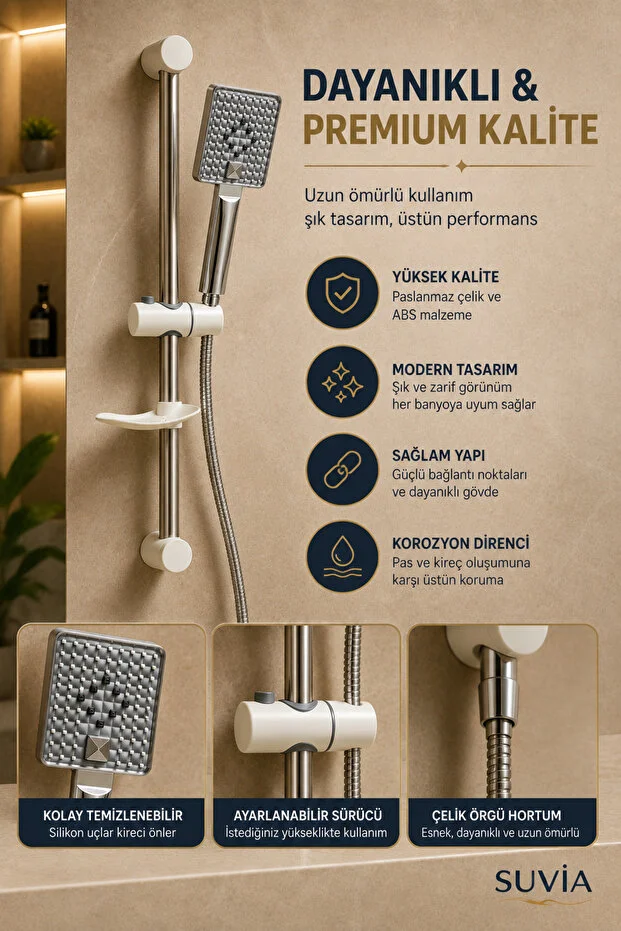 Sürgülü Duş Seti 3 Fonksiyonlu Başlık 150 Cm Hortum Duş Sistemi Beyaz - Mavi