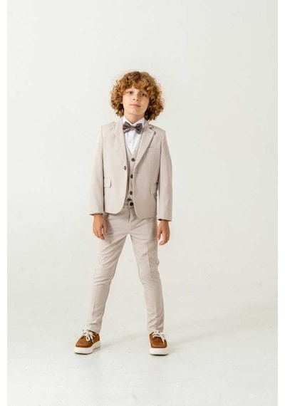 Bys Beystil Sivri Yaka Bej Çocuk Takım Elbise Set -slim Fit