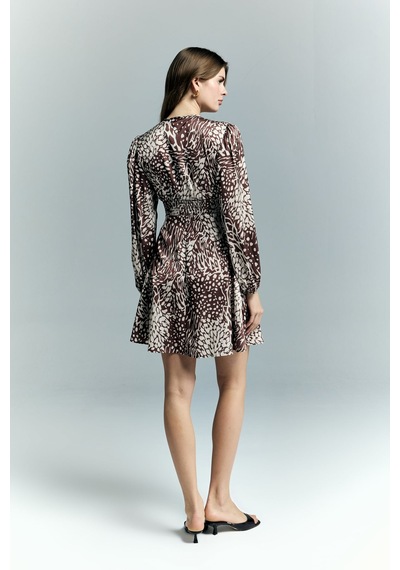 Desenli Mini Elbise - Kahve-137220