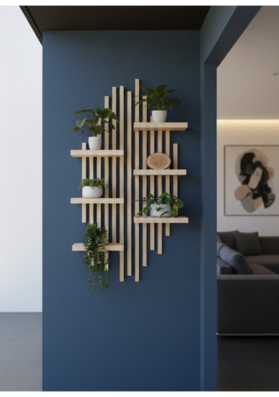 Ahşap Dekoratif Duvar Rafı - 120x60 Cm Modern Çıtalı Çiçeklik Bej