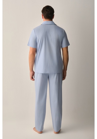 Suwen Walker Erkek Pamuklu Gömlek Yaka Erkek Pijama Takımı Sh26711660b1075 Mavi Çizgili