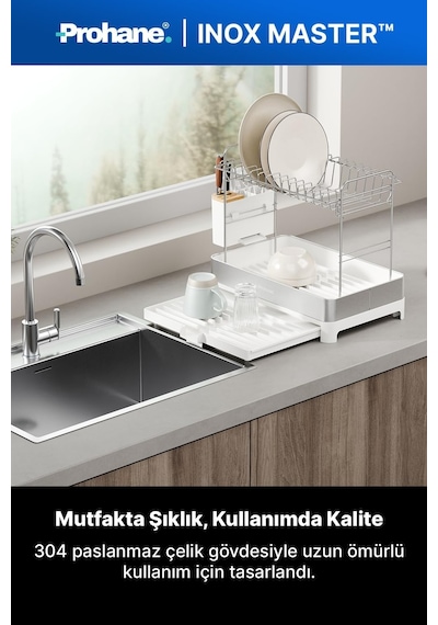 Prohane Inox Master Kd410 / Genişletilebilir 2 Katlı Bulaşıklık / 304 Paslanmaz Çelik / Su Tahliyeli Tezgah Üstü Diğer