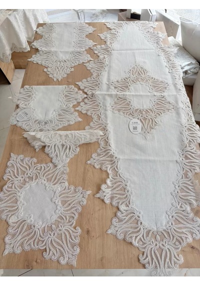 Salon Takımı Çeyizlik Krem Runner Set 5 Parça Keten Ranır Masa Konsol Sehpa Örtüsü Gülseda Sarı