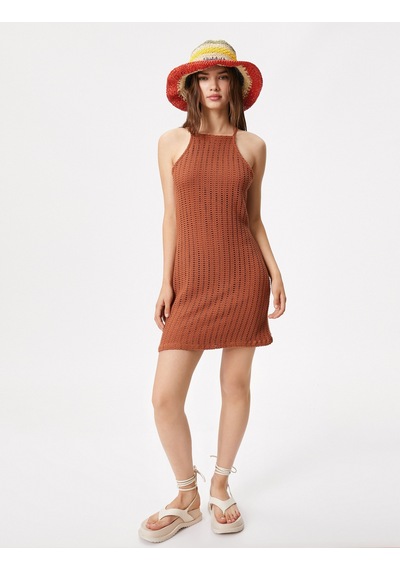 Koton Mini Triko Elbise Bodycon Kolsuz Halter Yaka Dar Kesim Kahverengi 3sal80197ık Kahve