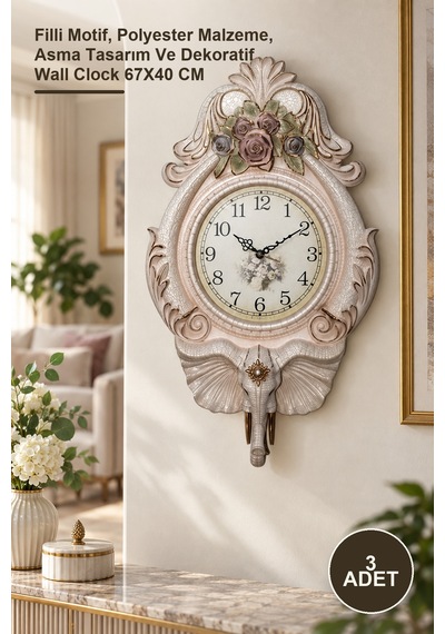 3 Adet Duvar Saati Filli Motif, Polyester Malzeme, Asma Tasarım Ve Dekoratif Wall Clock 67x40 Cm Diğer