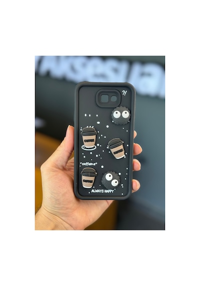 Fibaks Galaxy J7 Prime Uyumlu Kılıf Tasarımlı Desenli Kamera Korumalı Coffee Kurabiye Siyah Yumuşak Silikon Kapak