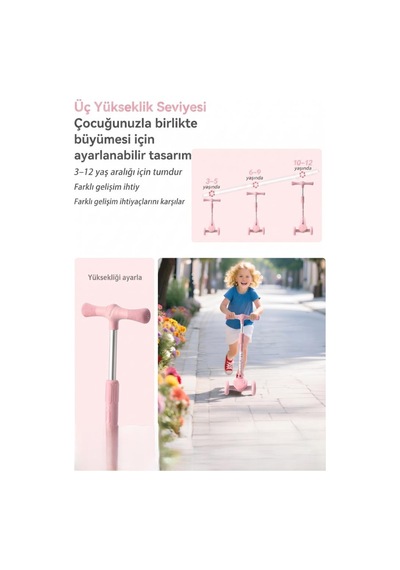 3 Tekerlekli Led Işıklı Müzikli Katlanabilir Boyu Ayarlanabilir 3 Yükseklik Ayarlı Çocuk Scooter'ı Pembe