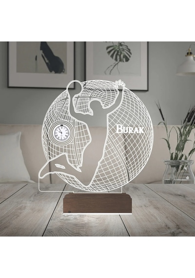 Luvivia Basketbol Basket Topu Kişiye Özel Metal Saatli 3d Lamba - Masa Gece Lambası Şeffaf