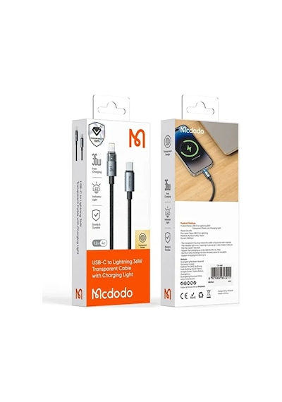 Mcdodo CA-6940 1.2 M Type-C To Lightning 36 W  Şeffaf Işıklı Kablo