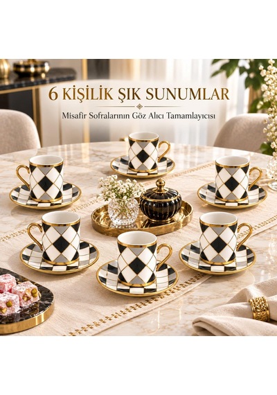Valkyrie 6 Kişilik 12 Parça Türk Kahvesi Fincan Seti Gold Kulplu Siyah Beyaz Baklava Desen K654-c