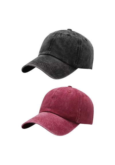 Tezzgelsin Unisex Eskitme Vintage Pamuklu Ayarlanabilir Beyzbol Kep Şapka 2'li Set Siyah - Kırmızı