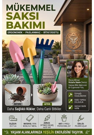 Premium 3'lü Hobi Bahçe Seti Renkli Metal El Küreği Ve Tırmık Takımı 723604