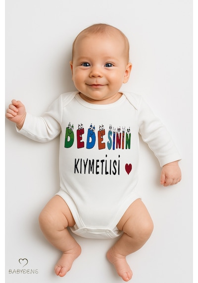 Babyden's Dedesinin Kıymetlisi Yazılı Uzun Kollu Bebek Zıbını %100pamuk Çıtçıtlı Body Beyaz