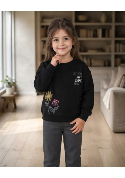 Roya Kız Çocuk Siyah Sweatshirt Çiçek Desenli Kışlık