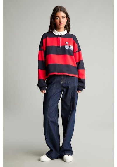 Defacto Loose Fıt Polo Yaka Renk Bloklu Nakışlı Sweatshirt H9944ax26aurd256 Kırmızı-rd256
