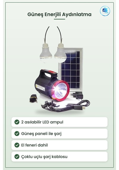 Güneş Enerji Sistemi Ev Işık Paneli 2 Ampullü El Feneri Şarjlı Ta