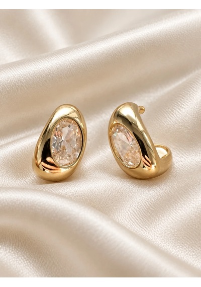 Oval Taşlı Küpe Gold Renk