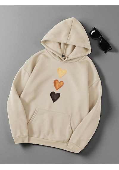 Uyguntarz Unisex Sirali Kalp Baskılı Oversize Sweatshirt Bej