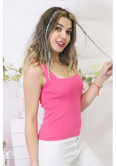 Fashion Cocktail Kadın Fuşya Kare Yaka Triko Atlet Bluz Crop Standart Beden Fuşya