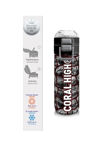 Coral High Kids Siyah Kırmızı Araba Desenli Pipetli Ve Direkt İçim Çelik Termos 500 Ml 31867 Siyah - Kırmızı